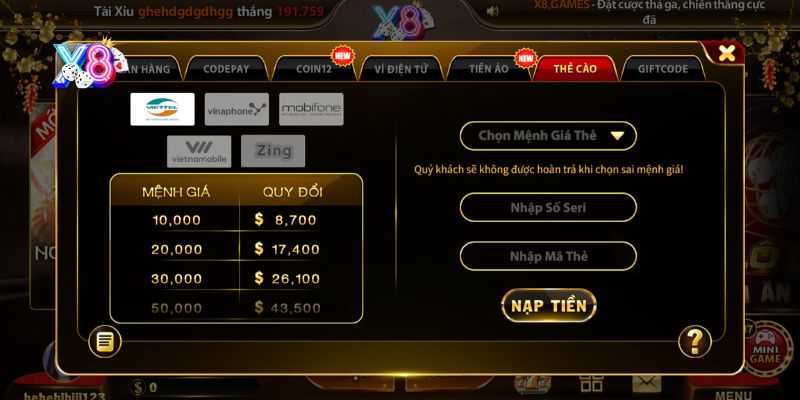 Nạp tiền X8 bằng thẻ cào